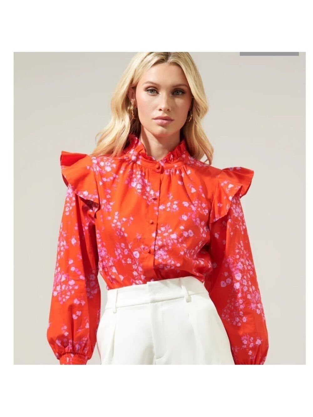 Sugarlips Chic Red Floral Blouse with Ruffle Accents NWT